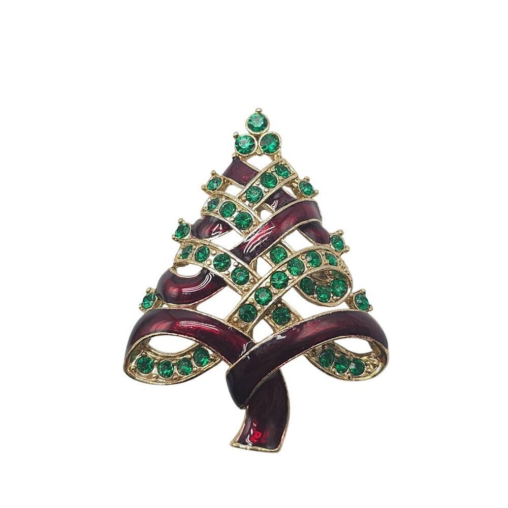 Vintage Christmas Tree Brooch With Rhinestones & Enamel Finish